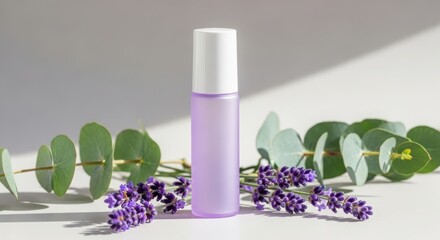 A lavender-scented rollerball perfume bottle with eucalyptus leaves and lavender sprigs, presented in soft, natural light.