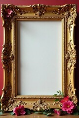 Ornate gold frame, lavish detailing, wedding decor, metal, motif, reflecting