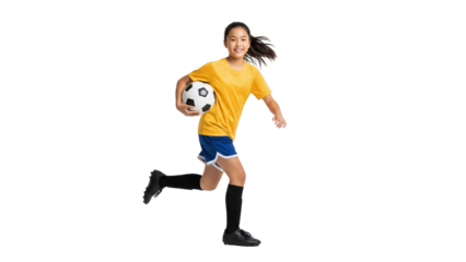 Soccer Player's Sprint: A young female soccer player, in full stride, races across the field, ball in tow, embodying speed, skill, and the heart of the game.