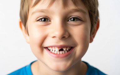 Close-up portrait of a smiling boy with missing front tooth, cheerful child showing tooth gap, concept of childhood growth, dental care, happy kids, innocence and playful moments.