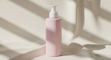 A light pink pump bottle for skincare or lotion, casting shadows on a cream background, suggesting a clean and minimalist aesthetic.