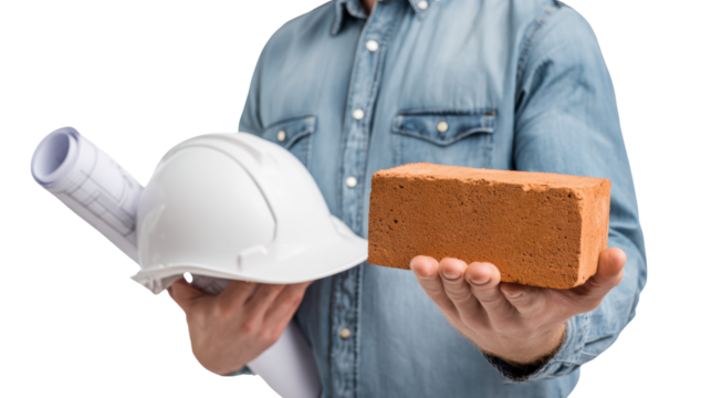 Construction worker holding a brick with blueprints and a helmet in hand, isolated on a white background. - Powered by Adobe