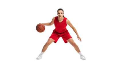 Basketball Player in Action: Capturing a dynamic moment, a female athlete dribbles a basketball, radiating focus and determination in her vibrant red uniform.