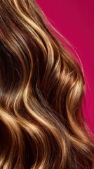 Naklejka premium Luxurious brown hair with golden highlights cascading softly, creating dramatic visual contrast against vibrant magenta background highlighting hair's rich texture and depth
