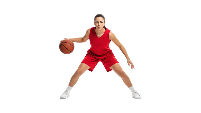 Basketball Player in Action: Capturing a dynamic moment, a female athlete dribbles a basketball, radiating focus and determination in her vibrant red uniform.