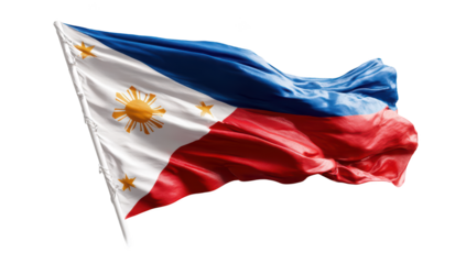 The waving Philippine flag, showcasing the sun, stars, blue, red, and white colors