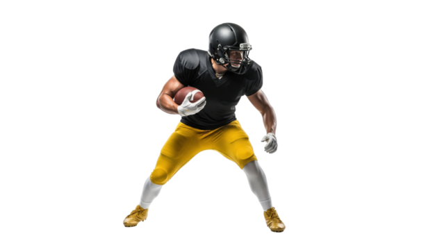 American Football Player in Action: A dynamic view of a strong American football player in full gear, in the heat of the game, grasping the oval ball with focused intensity.