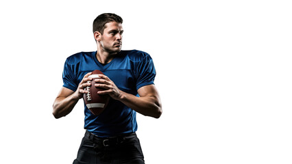 Football Player Preparing to Throw: A focused athlete, clad in a vibrant blue jersey, poised with a football in hand, ready to unleash a powerful throw.