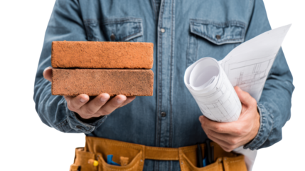Construction worker holding bricks and blueprints, isolated on white background.