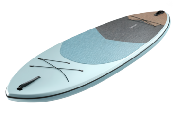 Sleek, light blue stand-up paddleboard with textured deck. Black bungee cords and handle