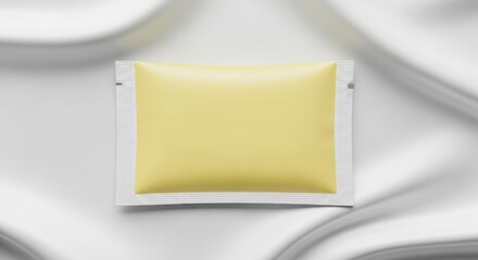 A blank yellow single-use sachet or sample packet resting on a smooth, draped white silk background.