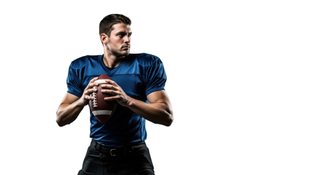 Football Player Preparing to Throw: A focused athlete, clad in a vibrant blue jersey, poised with a football in hand, ready to unleash a powerful throw.