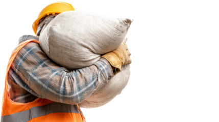 Construction worker in safety gear carrying a heavy bag, isolated on white background.