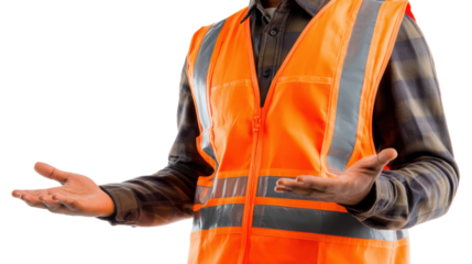 Construction worker in safety vest with open arms, white isolated background.