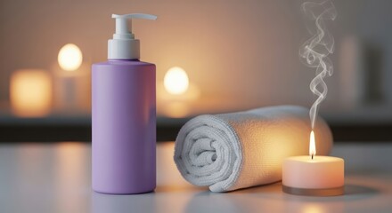 A serene spa setting with a purple lotion dispenser, a rolled white towel, and a lit candle emitting smoke.