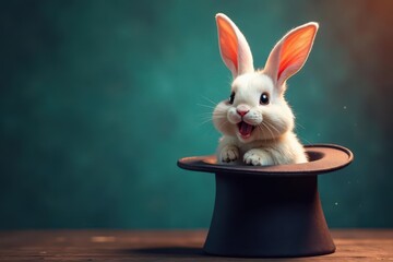 A cheerful bunny emerging from a wide-brimmed magician's hat , drawing, trick, rabbit
