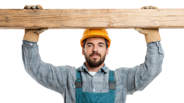 Construction worker with wooden beam, confident pose, isolated on white background.
