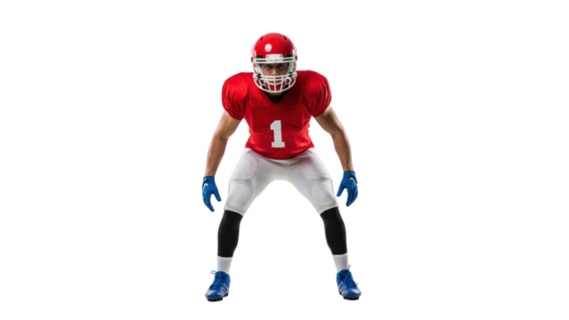 Football Player in Ready Position: A dynamic portrait captures the intensity of an athlete, clad in vibrant red and white, poised in the ready position, embodying anticipation and focus.