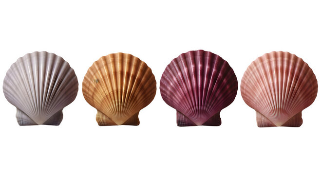 Set colorful scallop seashells isolated on transparent background, generative ai