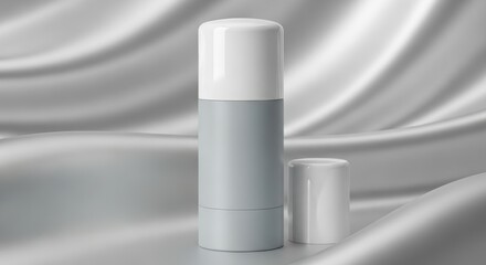 A sleek grey and white cosmetic or deodorant stick with its cap removed, standing upright against a luxurious silver satin background.