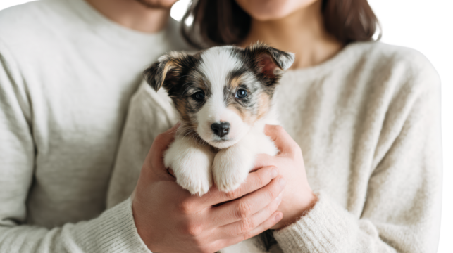Couple holding adorable puppy, smiling in cozy sweaters, intimate family moment, happy pets. - Powered by Adobe