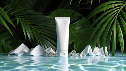 Fototapeta premium White cosmetic tube amidst tropical foliage and water green leaves
