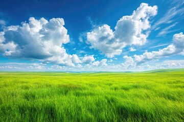 Vast, vibrant green field under a bright, cloud-filled sky