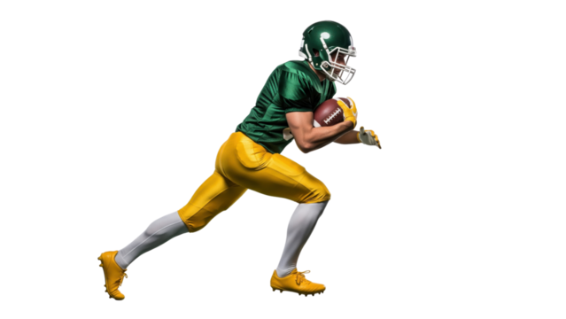Dynamic Gridiron Run: A determined athlete, clad in vibrant colors and protective gear, charges forward with the football, capturing the energy and thrill of the game.