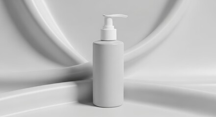 White cosmetic bottle on a gray background with flowing curves.