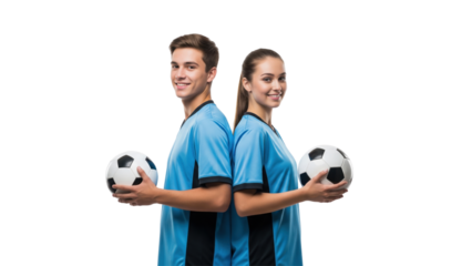Soccer Duo: A coordinated duo of athletes, male and female, stand back to back, each proudly displaying a soccer ball, dressed in matching team uniforms, conveying partnership and shared commitment. 