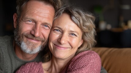portrait of middle aged couple hugging and looking at camera close up face of happy mature couple having fun at home senior man embracing his beautiful wife on the couch no logos no brands ar 169