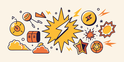 Abstract doodle elements featuring lightning bolts stars and cloud shapes creative vector illustration for design projects and trendy backgrounds