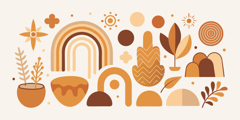 Abstract earth tone pattern with rainbows,plants and boho elements,creating a minimalist aesthetic for textile designs and trendy backgrounds