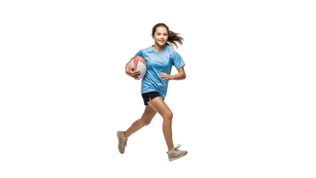 Young Athlete in Motion: A young, energetic girl with athletic build runs with a ball, embodying the dynamism and vigor of sports and competition. capturing focus and motion.