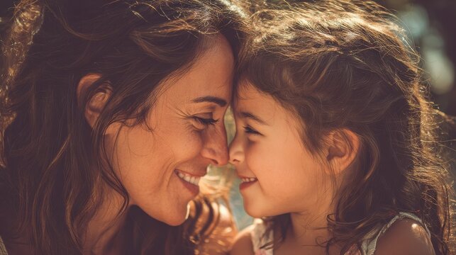 happy latin mother and daughter having tender moment together outdoor  focus on mom eye no logos no brands ar 169
