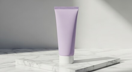 A purple cosmetic tube mockup stands on a marble podium with a strong diagonal shadow in a minimalist setting.