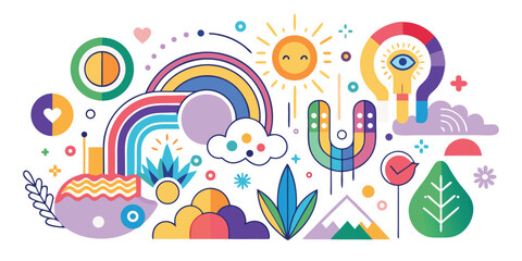 Abstract illustration featuring rainbow sun clouds and graphic elements creates a vibrant and playful composition with positive and creative energy