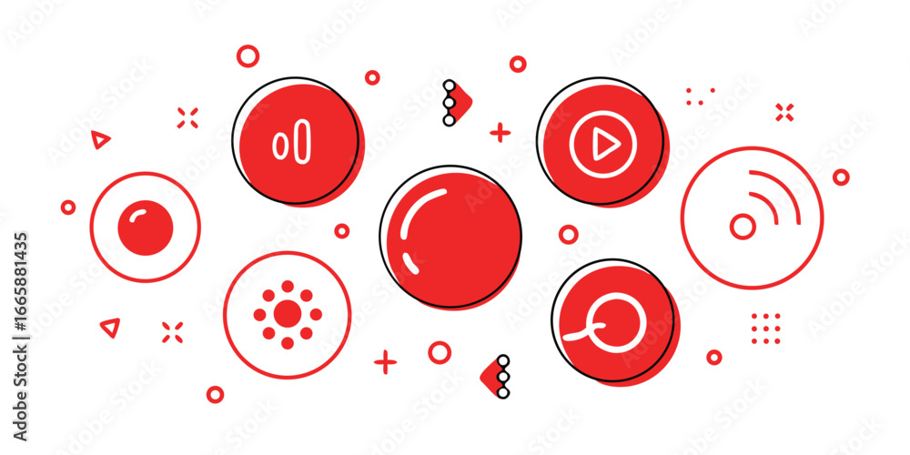 Poster abstract red icon set on white background with play audio connection and setting symbols,perfect for
