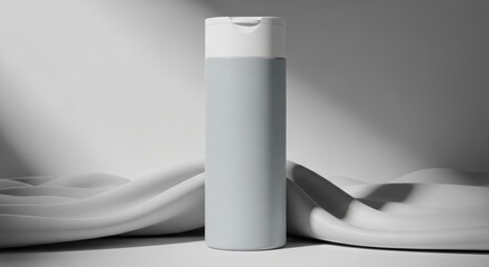 A sleek, light grey cylindrical bottle with a white flip-top cap, standing on a textured white surface with soft shadows.