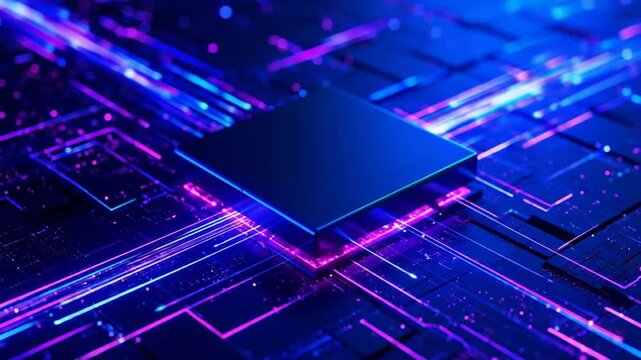 Illuminated Circuit Board with Central Processing Unit, Data Transmission Visualized in Blue and