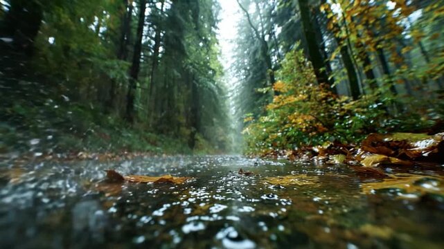 Rainy Forest Road: Capturing the serene ambiance of a rainy day in a vibrant forest, rain droplets cascade upon the asphalt road, creating an atmospheric, emotional landscape of the nature