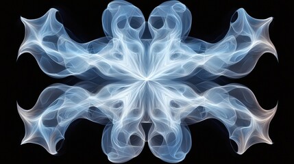 A symmetrical, abstract design composed of swirling lines and shapes in shades of blue and white against a black background.