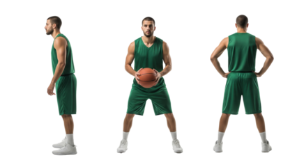Basketball Player Poses: A dynamic series captures a basketball player in three distinct stances, showcasing skill and focus, ready to dominate the court and score a slam dunk!
