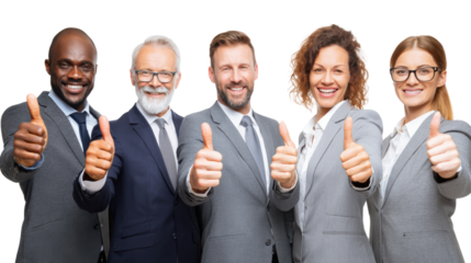 Diverse business team giving thumbs up gesture, white isolate background.