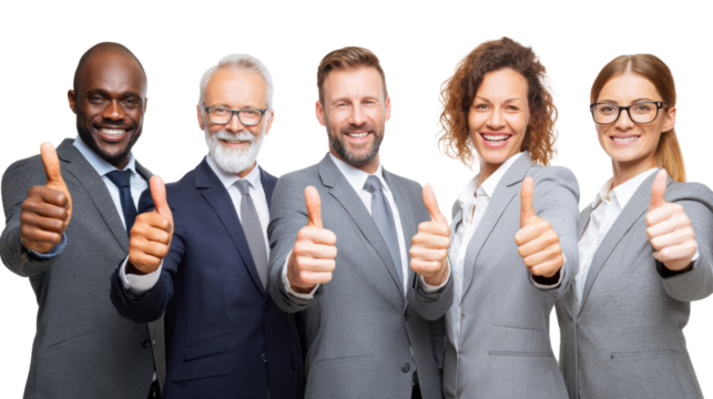Diverse business team giving thumbs up gesture, white isolate background.