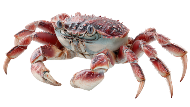 Close-up of a reddish-brown crab, showing its detailed features