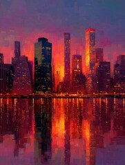 Fototapeta premium a vibrant abstract depiction of a city skyline at sunset featuring skyscrapers illuminated in warm hues