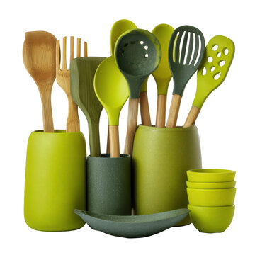 Set of assorted kitchen utensils, lime green and dark green, in cylindrical holders