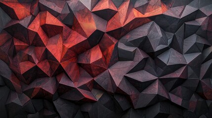 A 3D rendering of a complex, abstract pattern composed of numerous triangular facets in shades of red, black, and gray.