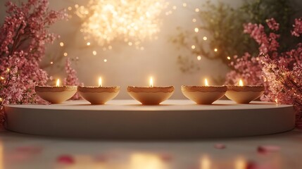 Five lit candles on a white platform with pink flowers and bokeh lights flame fire